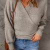 Khaki Wrap V Neck Back Tie Knit Sweater