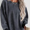 Gray Solid Ribbed Knit Round Neck Pullover Sweatshirt