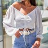 White Drawstring Front Sheer Puff Sleeve Crop Top