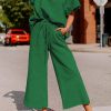 Dark Green Textured Loose Fit T Shirt And Drawstring Pants Set