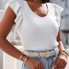 White Rib Knitted Ruffle Sleeve U Neck Top