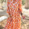 Multicolor Boho Floral Collared Long Sleeve Ruffled Dress