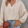 Khaki Pleated Balloon Sleeve Drawstring V-Neck Blouse