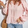 Pink Textured Dotted Ruffle Puffy Sleeve Peplum Blouse