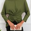 Green Lace-up Wrapped Split Hem Solid Long Sleeve Top