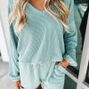 Mist Blue Corded V Neck Slouchy Top Pocketed Shorts Set