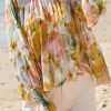 Women's Elegant Yellow Floral Print Flounce Sleeve Mock Neck Blouse