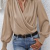 Khaki Solid Surplice Neck Shirred Cuffs Draped Blouse