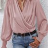 Pink Solid Surplice Neck Shirred Cuffs Draped Blouse