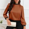 Brown Color Block Bow Back Mock Neck Blouse