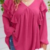 Pink Crinkle Ruffled V Neck Plus Size Blouse