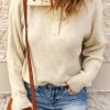 Apricot Buttoned Turn Down Collar Comfy Ribbed Sweater