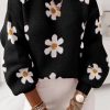 Black Floral Pattern Drop Shoulder Sweater