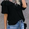 Black Floral Embroidered Flounce Puff Sleeve Blouse