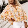 Women's Elegant Yellow Floral Print Turn Down Collar Loose Shirt