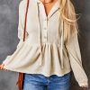 Apricot Waffle Knit Buttons Ruffled Hooded Top