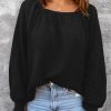 Black Scoop Neck Puff Sleeve Waffle Knit Top