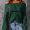 Green Ribbed Knit Foldover Off Shoulder Sweater