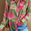 Green Floral Print Pleated Detail Puff Sleeve Shirt