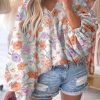 Multicolour Floral Print V Neck Puffy Lantern Sleeve Blouse