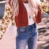 Red Abstract Print Sleeve Back Fringed Cropped Denim Jacket