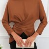 Brown Lace-up Wrapped Split Hem Solid Long Sleeve Top