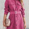 Rose Corduroy Long Sleeve Button Up Shirt Dress With Belt