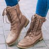 Chestnut Buckle Strap Zipper Decor Lace-up Leather Boots