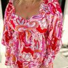 Red Plus Size Floral Sweetheart Neck Babydoll Blouse