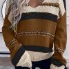 Coffee Striped Pattern Knit V Neck Sweater