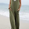 Green Sleeveless V Neck Wide Leg Jumpsuit With Pockets