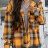 Women's Cute Orange Plaid Patch Hooded Frayed Snap Button Jacket