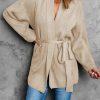 Apricot Robe Style Rib Knit Pocketed Cardigan With Belt