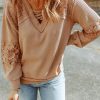 Apricot Lace Waffle Patchwork Strappy V Neck Long Sleeve Top