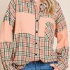 Orange Crinkled Patchwork Plaid Print Oversized Shirt