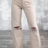 Khaki High Waist Ripped Wide-Leg Jeans