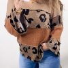 Women's Leopard Colorblock Patchwork V-Neck Loose Sleeve Knit Top