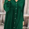 Green Long Sleeve Ruffle Velvet Button Up Dress