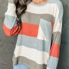 Red Striped Colorblock Ribbed Knit Top With Pocket