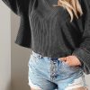 Black Cording Drop Shoulder Puff Sleeve Casual Long Sleeve Top