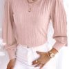 Pink Striped Texture Knitted Bishop Sleeve Top