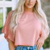 Pink Waffle Knit Ruffled Half Sleeve Blouse