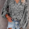 Black Pleated Lantern Sleeve Abstract Print Blouse