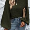 Pickle Green Lantern Sleeve Eyelets Textured Knit Sweater