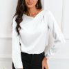 White Solid Asymmetric V Neck Long Sleeve Satin Blouse