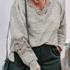 Gray Plus Size Hollowed Lace Splicing V Neck Sweater