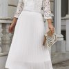 White Lace Scalloped V Neck 3/4 Sleeves Pleated Tulle Plus Maxi Dress