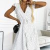 White Polka Dot V Neck Wrap Tie Ruffled Sleeve Midi Dress