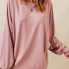 Pink Ribbed Drawstring Ruched Dolman Sleeve Top