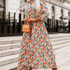 Multicolor Abstract Geometric Print Long Sleeve High Waist Dress